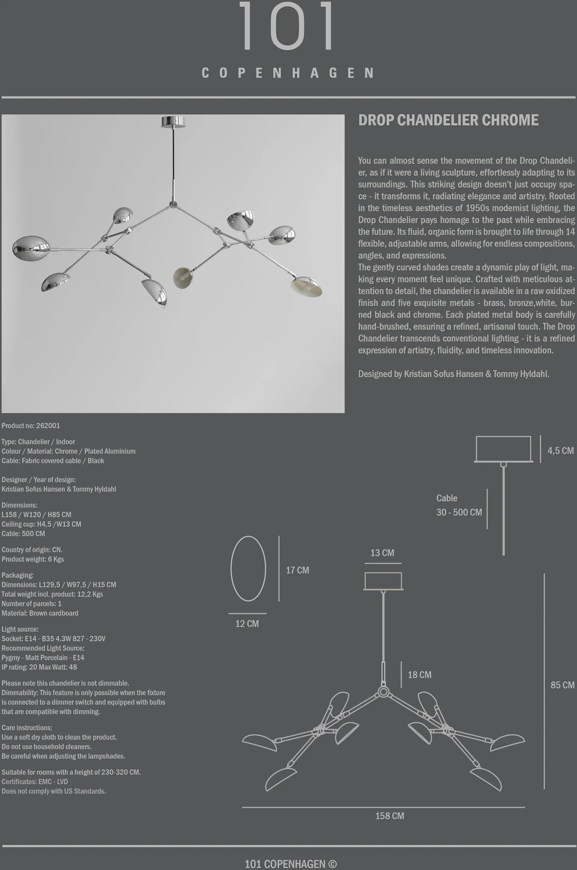 Lámpara de araña Drop Chandelier, Chrome 101 Copenhagen