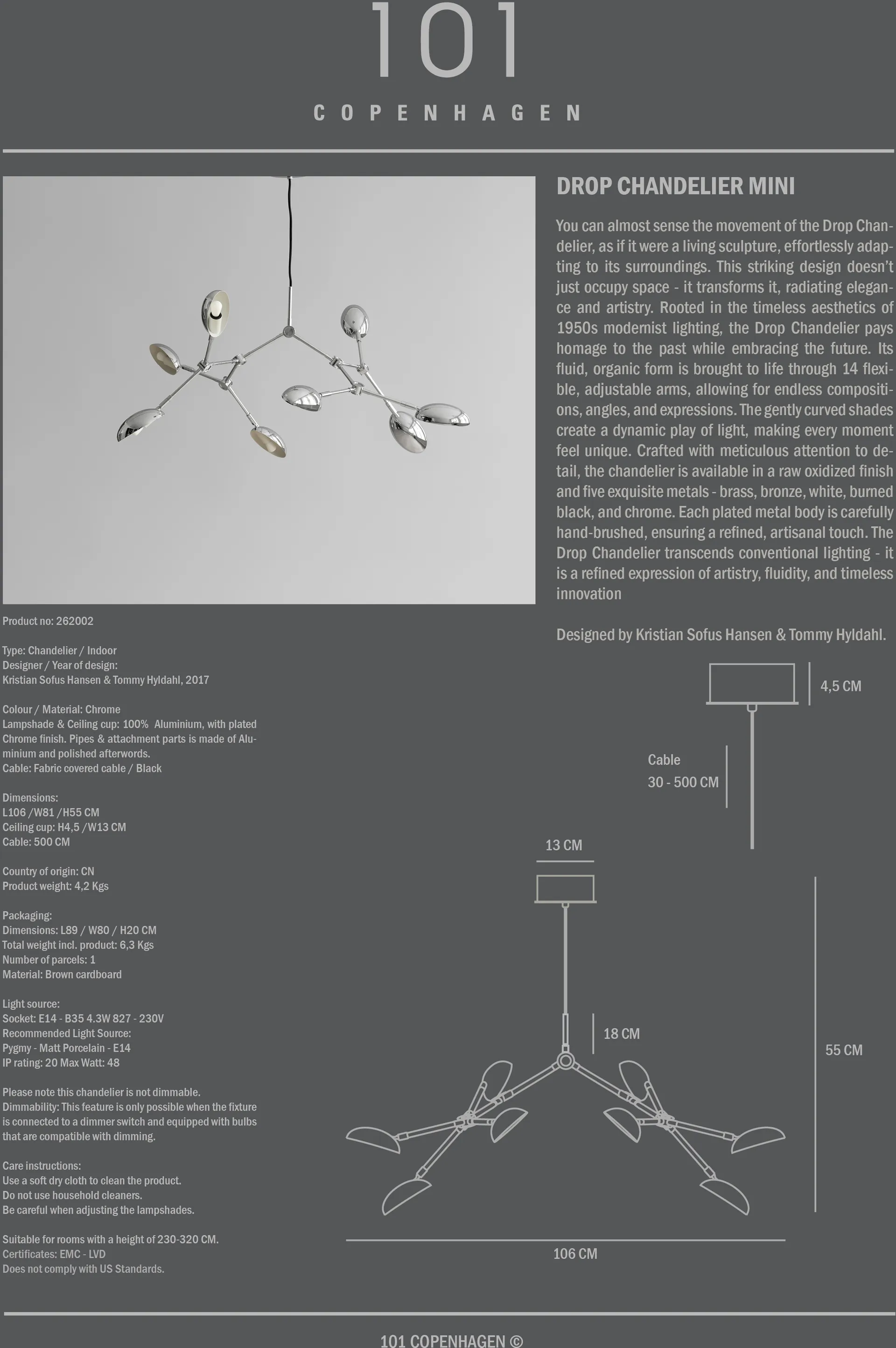 Lámpara de araña mini Drop Chandelier, Chrome 101 Copenhagen