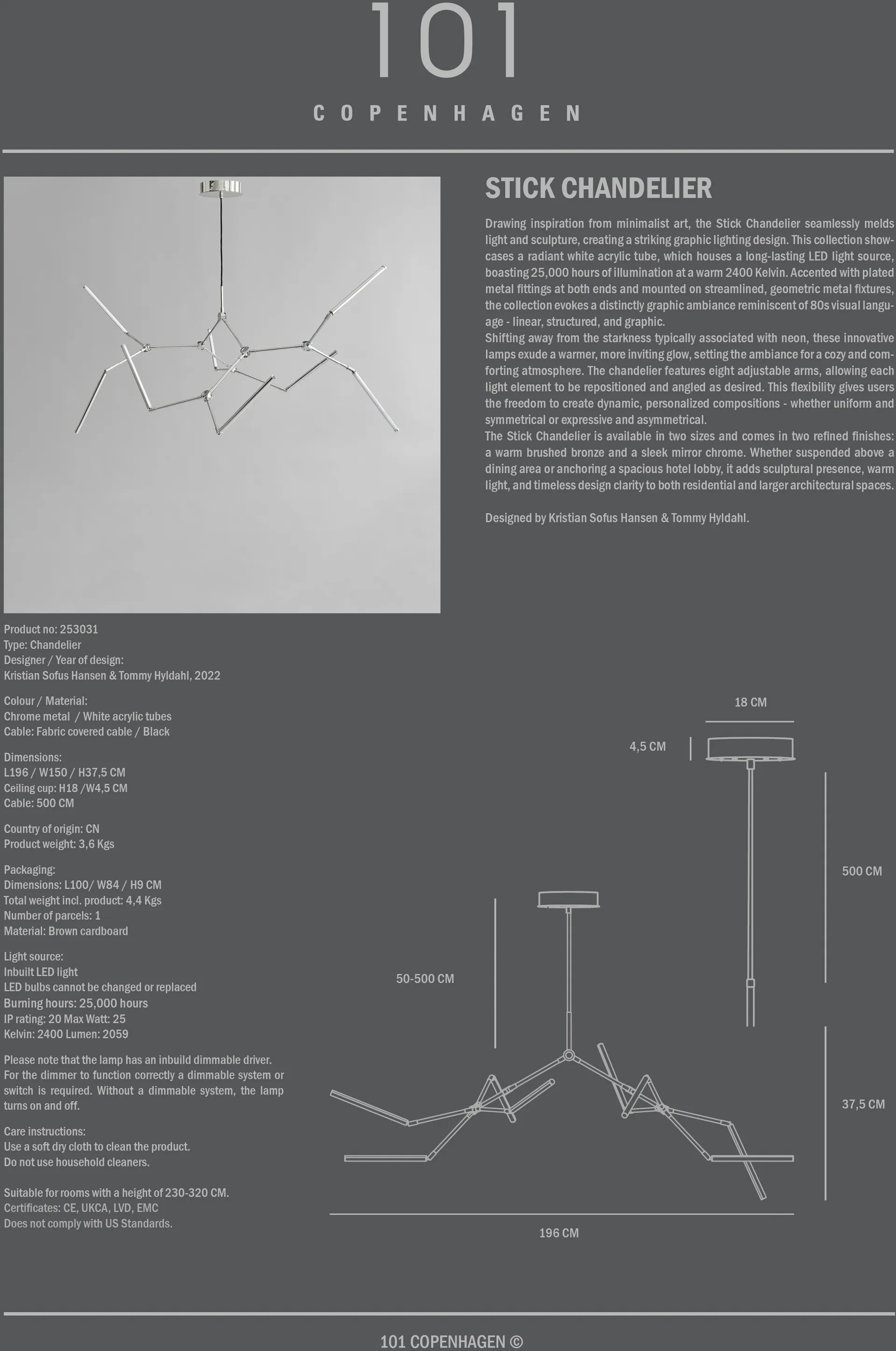 Lámpara de araña Stick chandelier , Cromado 101 Copenhagen