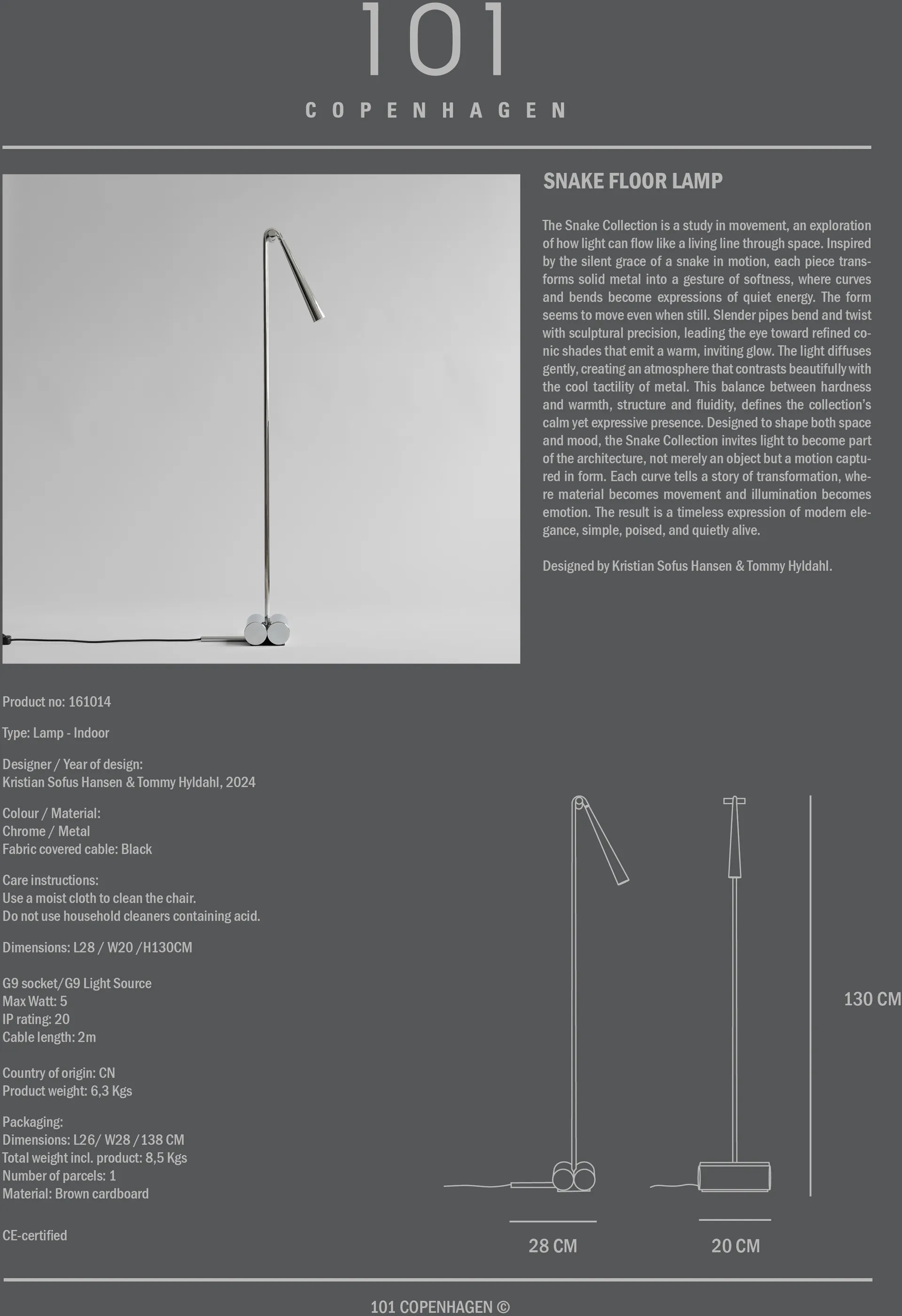 Lámpara de pie Snake, Chrome 101 Copenhagen