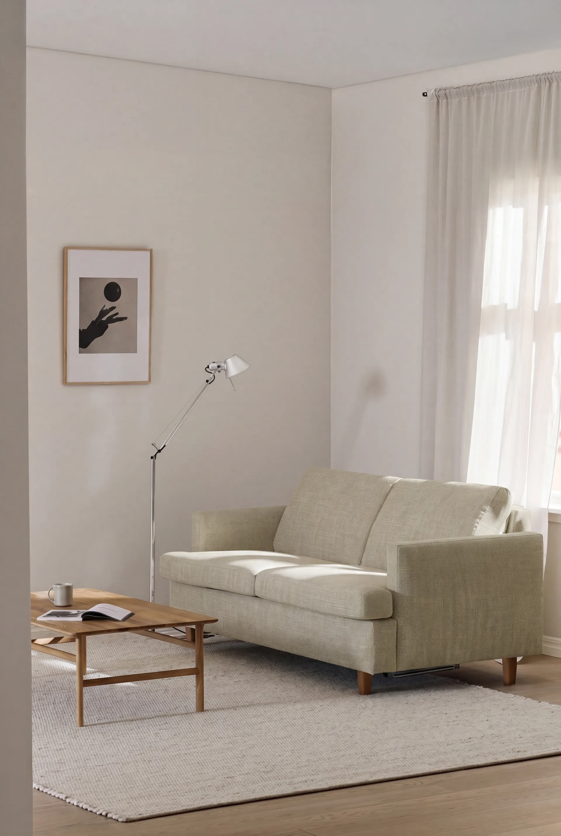 Sofá cama Binga de 2,5 plazas, Luiza Beige 3981-fresno teñido oscuro 1898