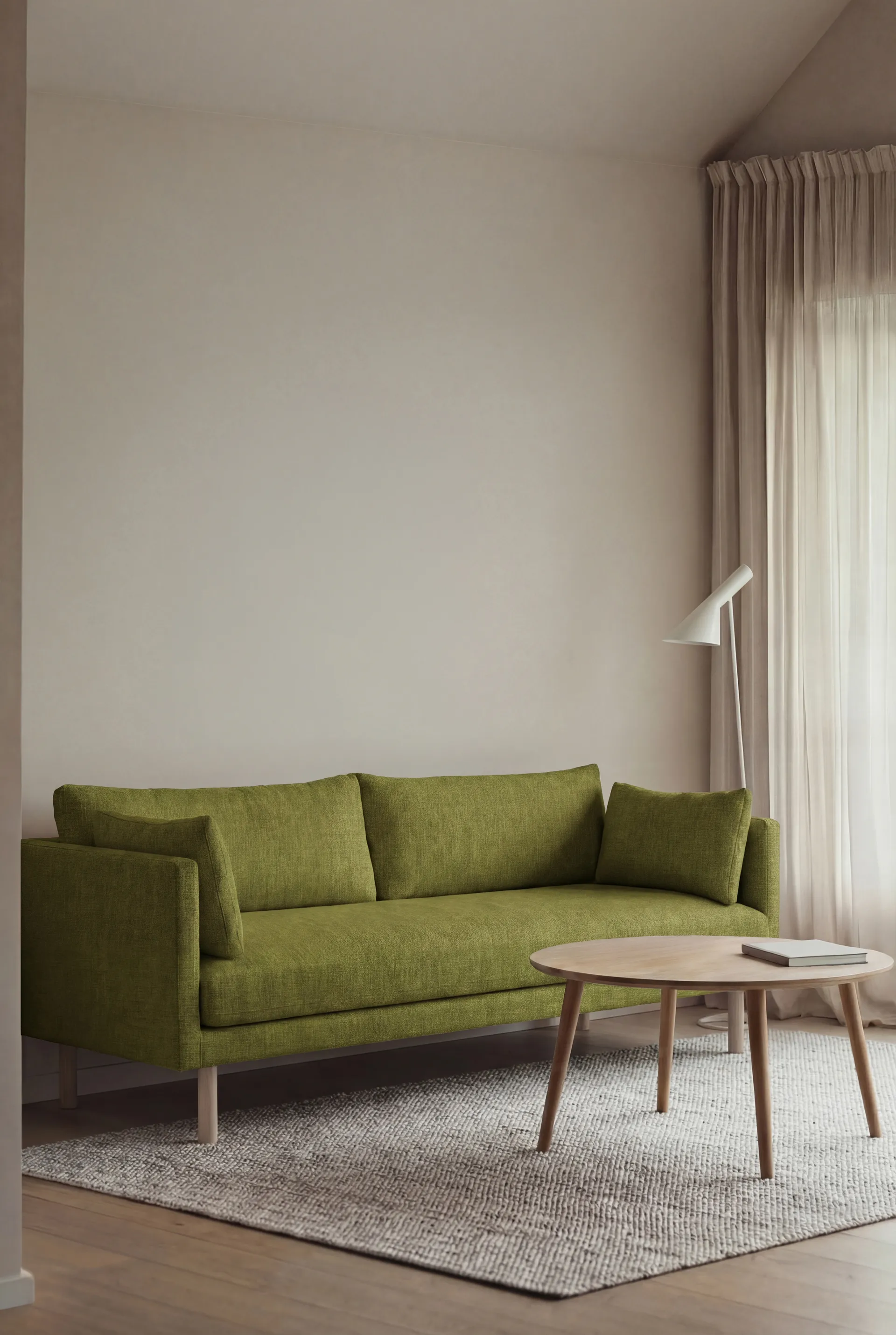 Sofá Linnevik, Luiza Green 3975-roble blanco aceitado, 3 plazas, sin faldón 1898