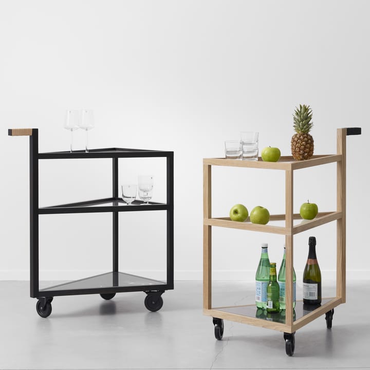 Carro con ruedas Move, Roble aceitado blanco, big, mármol marquina, vidrio A2