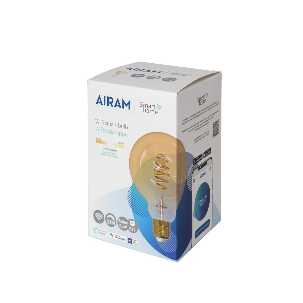Bombilla LED de filamento Airam Smarta Hem, ámbar, 95mm, espiral e27, 6w Airam
