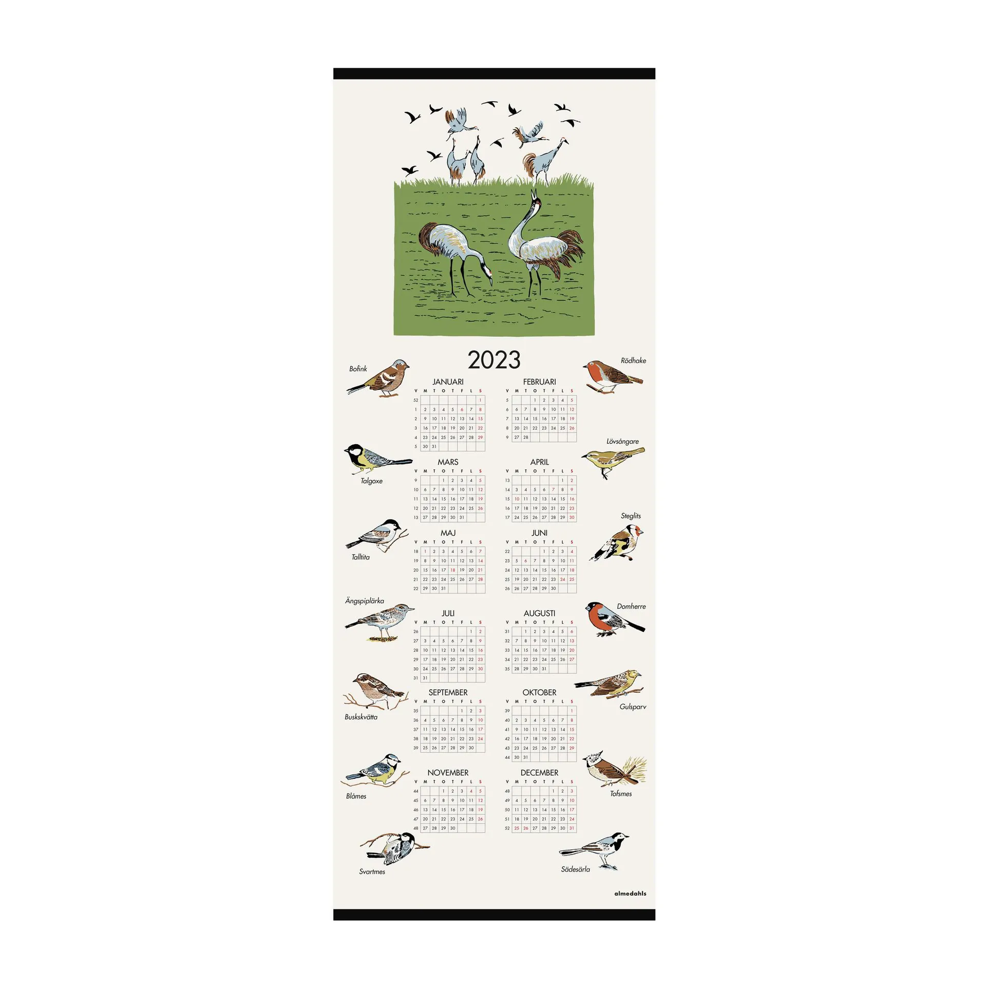 Calendario aves suecas 2023, 35x90 cm  Almedahls