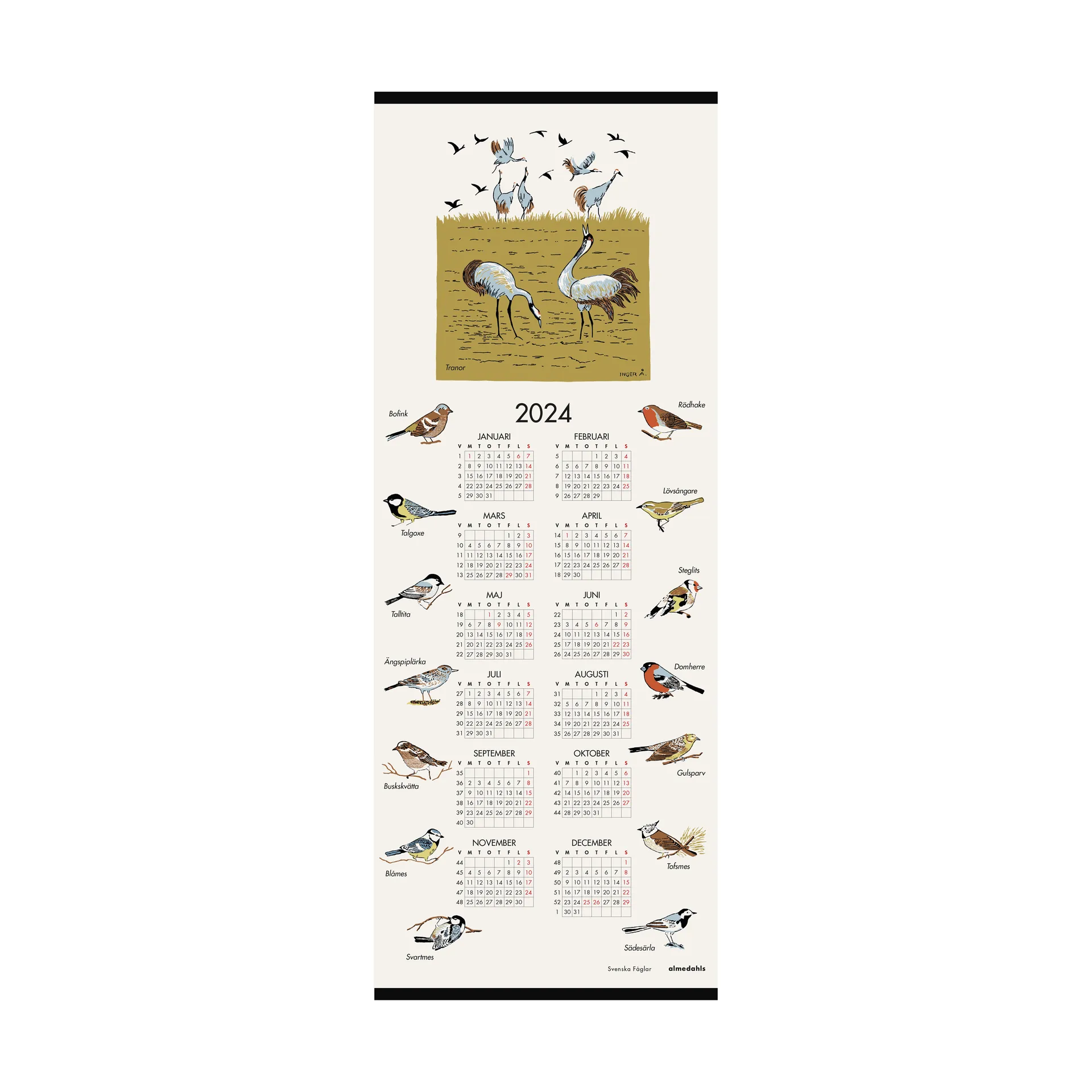 Calendario aves suecas 2024, 35x90 cm Almedahls