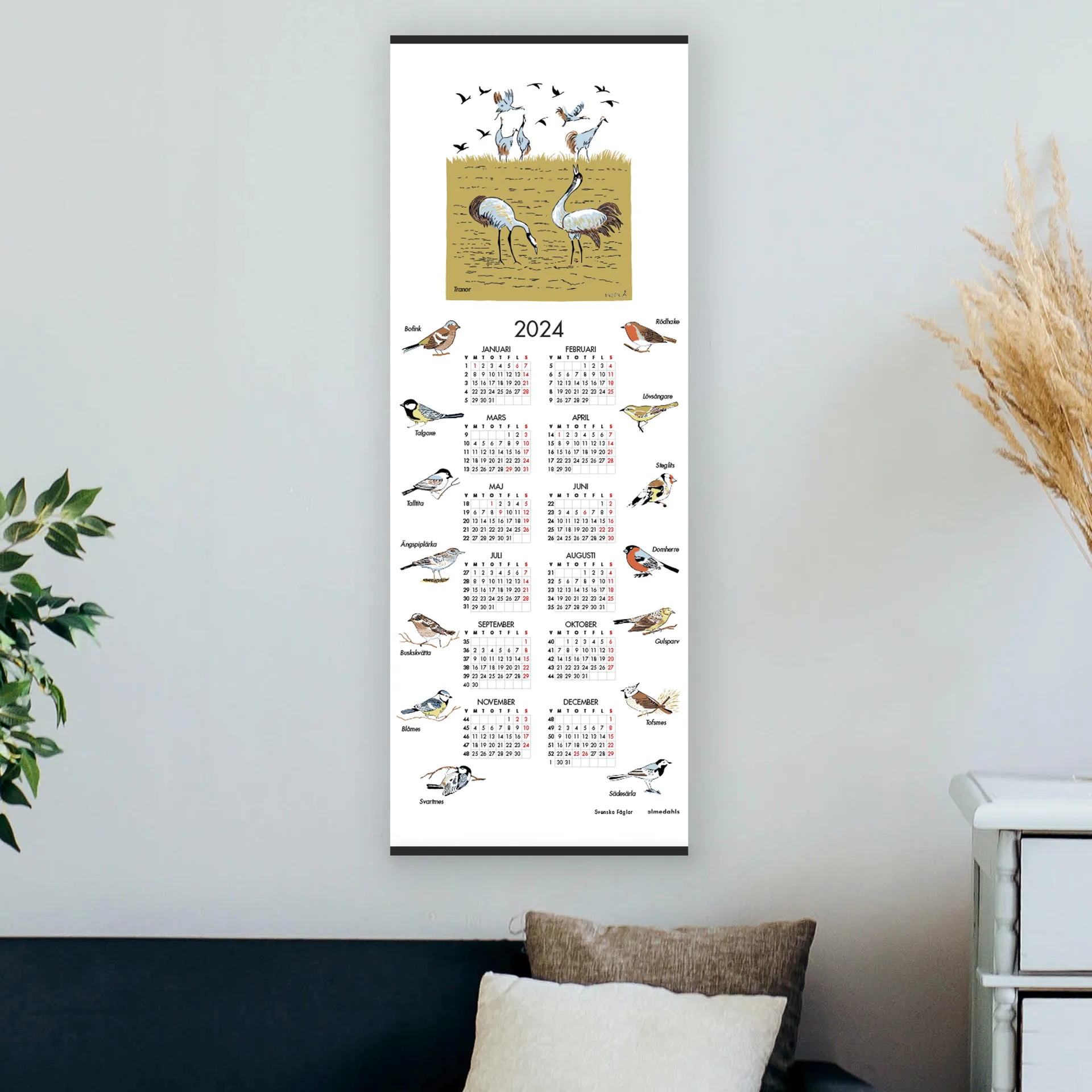 Calendario aves suecas 2024, 35x90 cm Almedahls