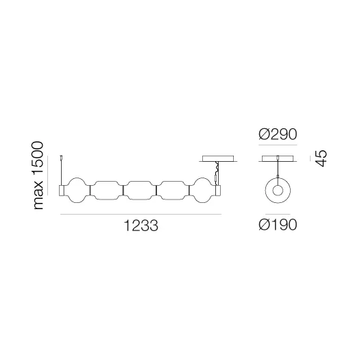 Lámpara colgante horizontal Alambicco, 5 tulipas de cristal Artemide