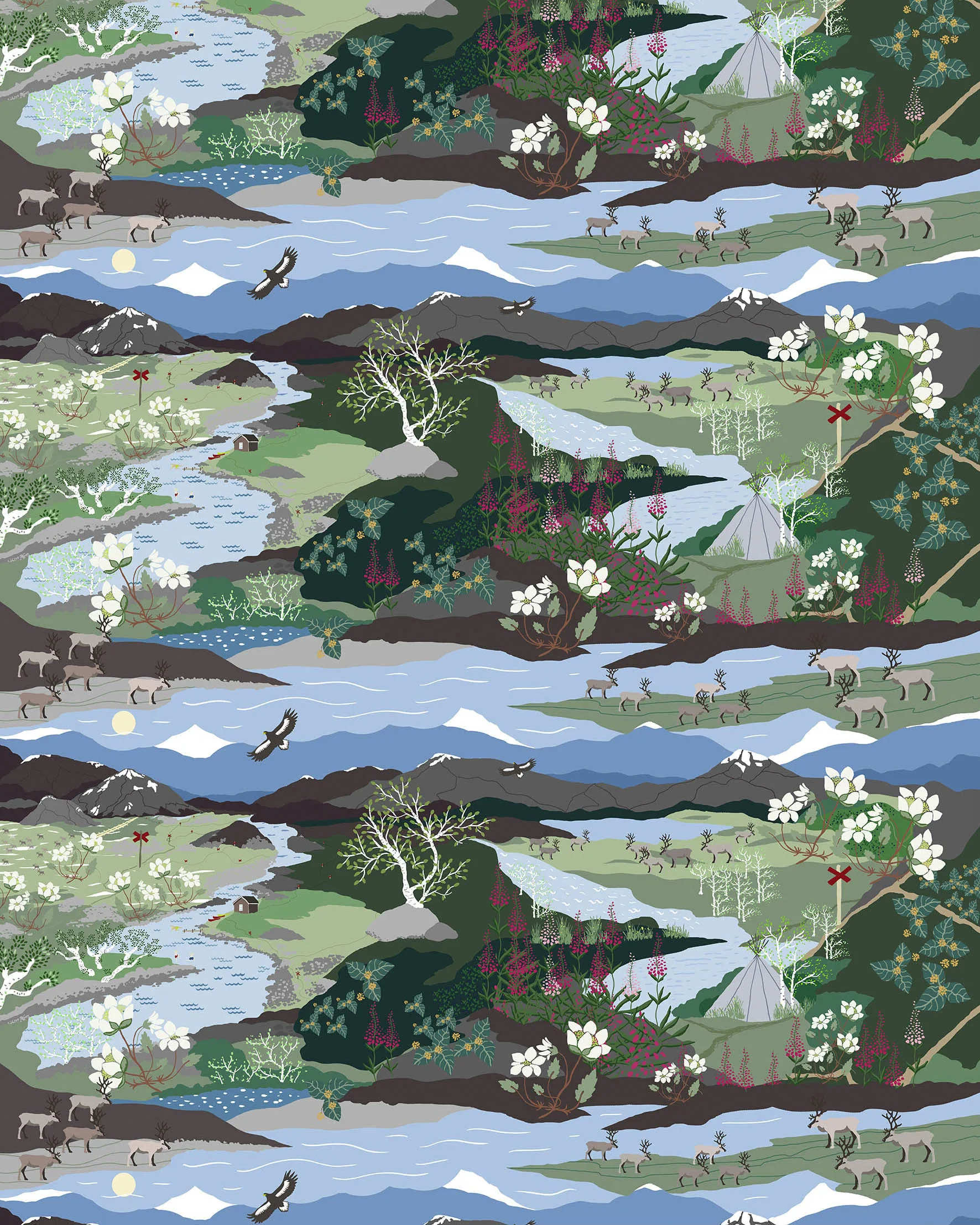 Tela Fjällvandring, azul-verde Arvidssons Textil