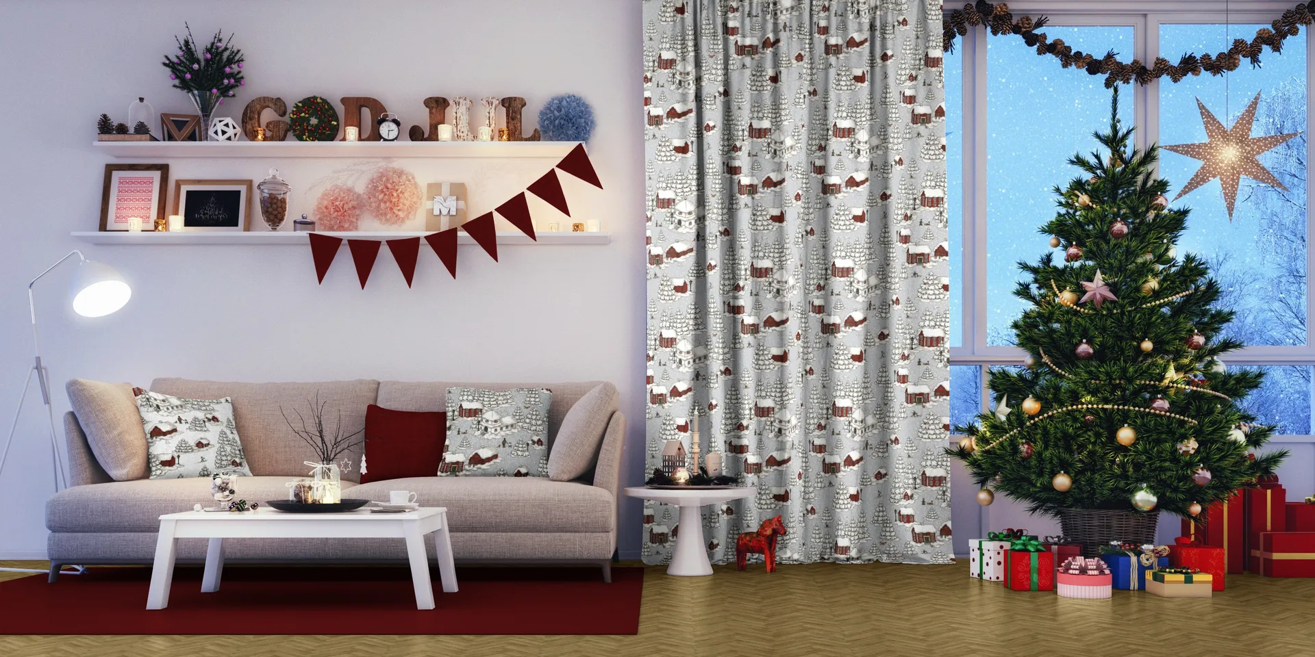 Tela Timmerbyn, gris-rojo Arvidssons Textil