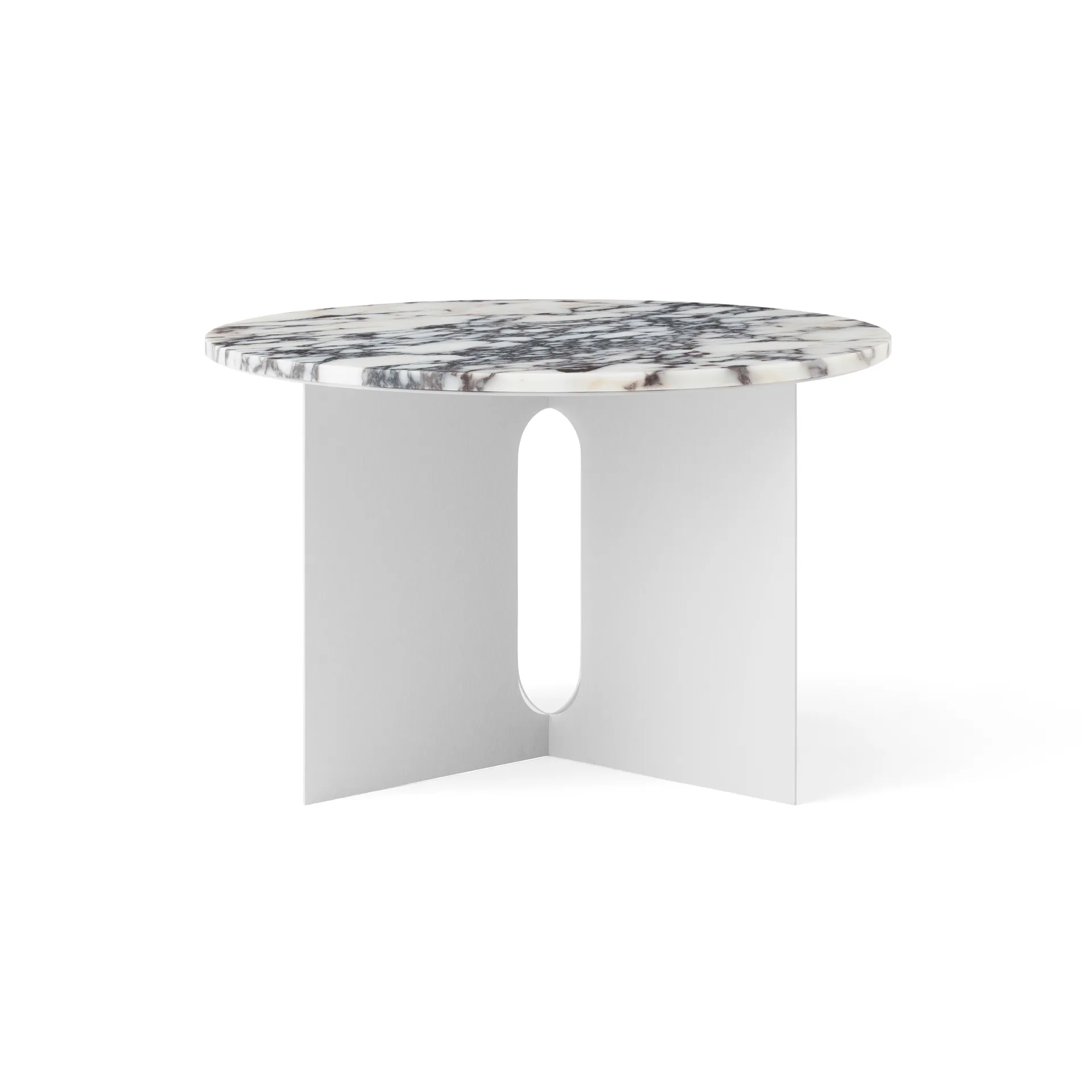 Mesa auxiliar Androgyne, Calacatta Viola mármol-acero cepillado, Ø65 cm Audo Copenhagen