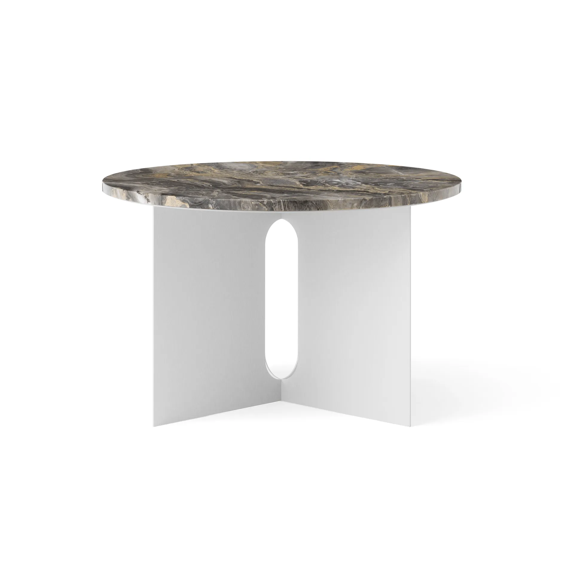 Mesa auxiliar Androgyne, Grey Galaxy mármol-acero cepillado, Ø65 cm Audo Copenhagen