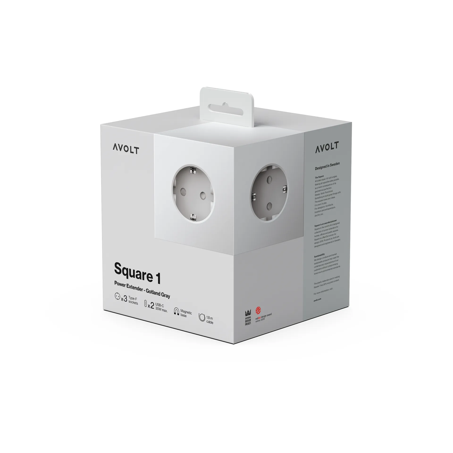 Regleta eléctrica Square 1, toma de corriente y USB-C 30W 3 m, Gotland Gris Avolt