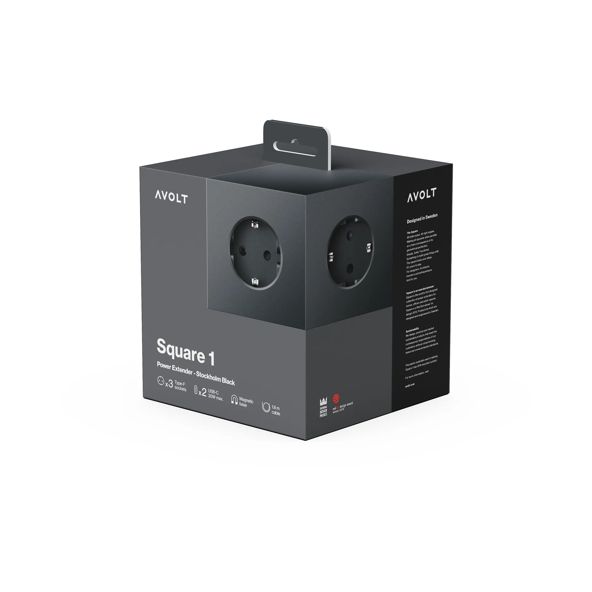 Regleta eléctrica Square 1, toma de corriente y USB-C 30W 3 m, Stockholm Black Avolt