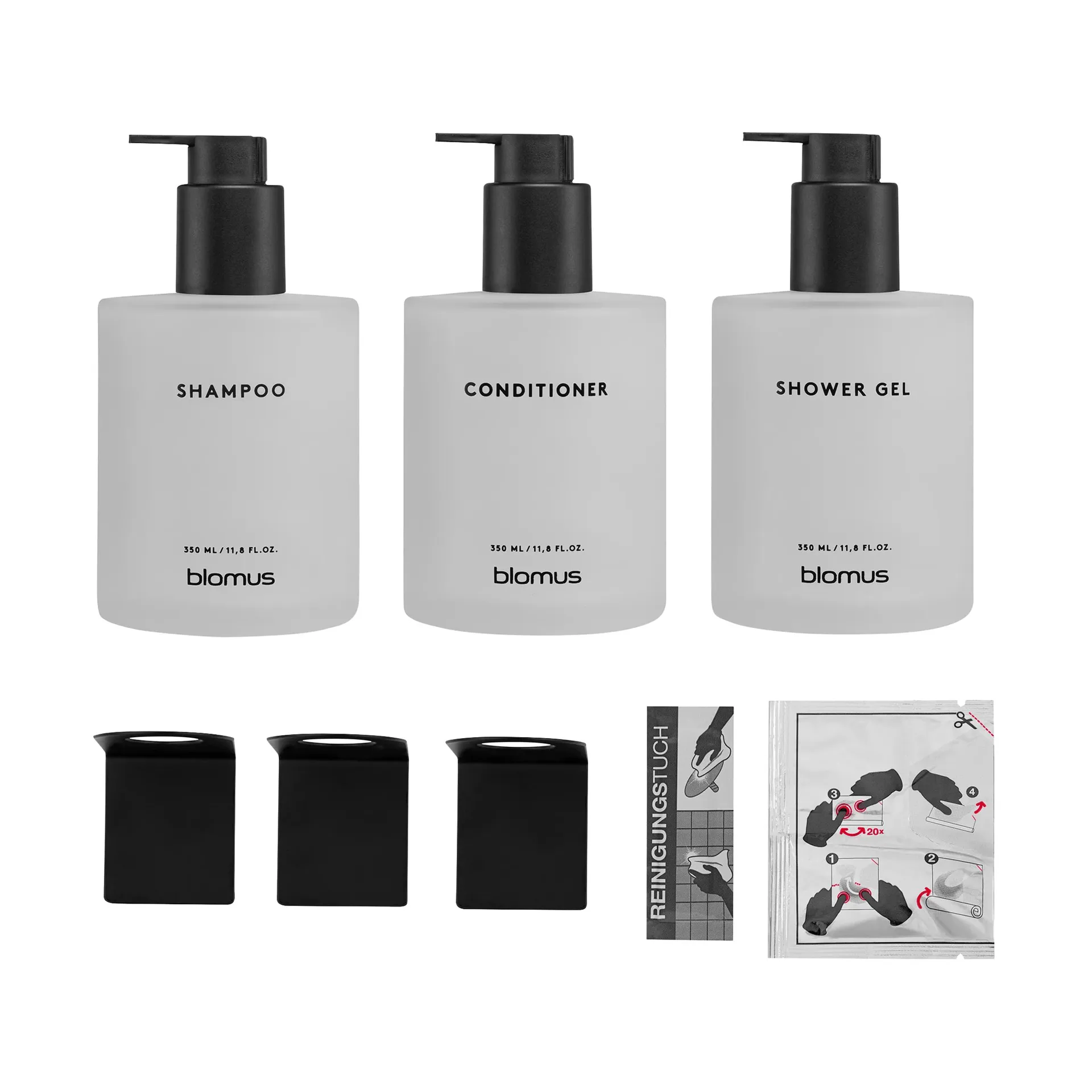 Botellas de vidrio Kirei con soporte de pared, 3-pack, Blanco, montaje con adhesivo blomus