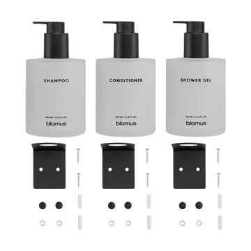 Botellas de vidrio Kirei con soporte de pared, 3-pack - Blanco, montaje con tornillos - blomus