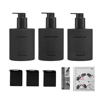 Botellas de vidrio Kirei con soporte de pared, 3-pack - Smoke, montaje con adhesivo - blomus