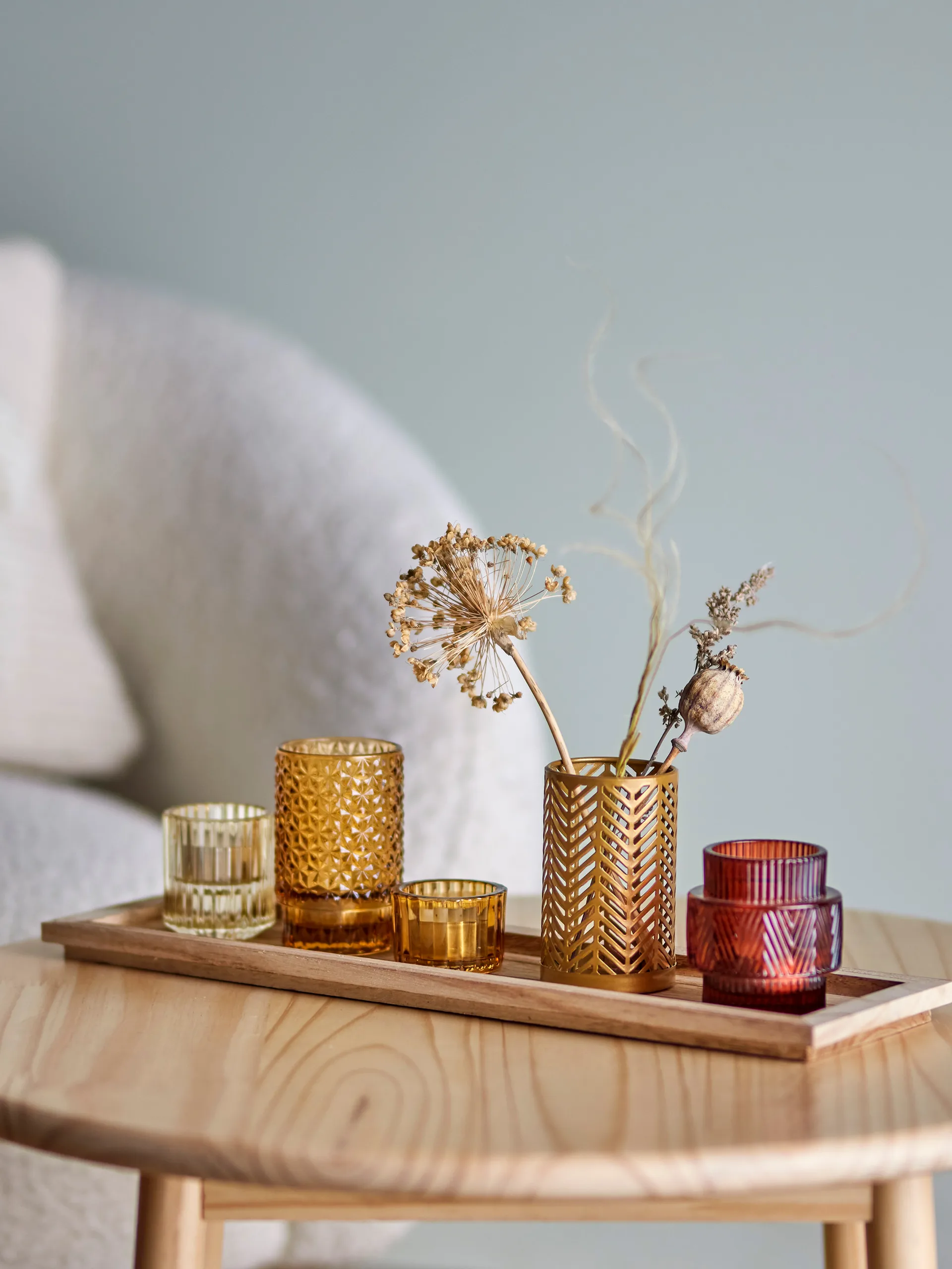 Bandeja con portavelas Sanga 6 piezas, Marrón Bloomingville