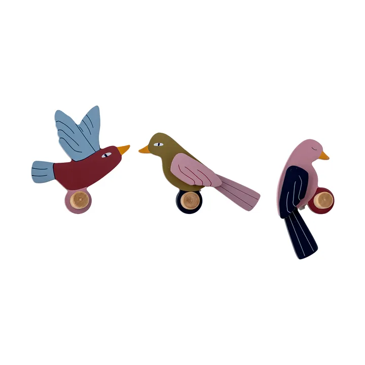 Gancho Lewi 3 piezas - Pájaros, azul-rosa - Bloomingville