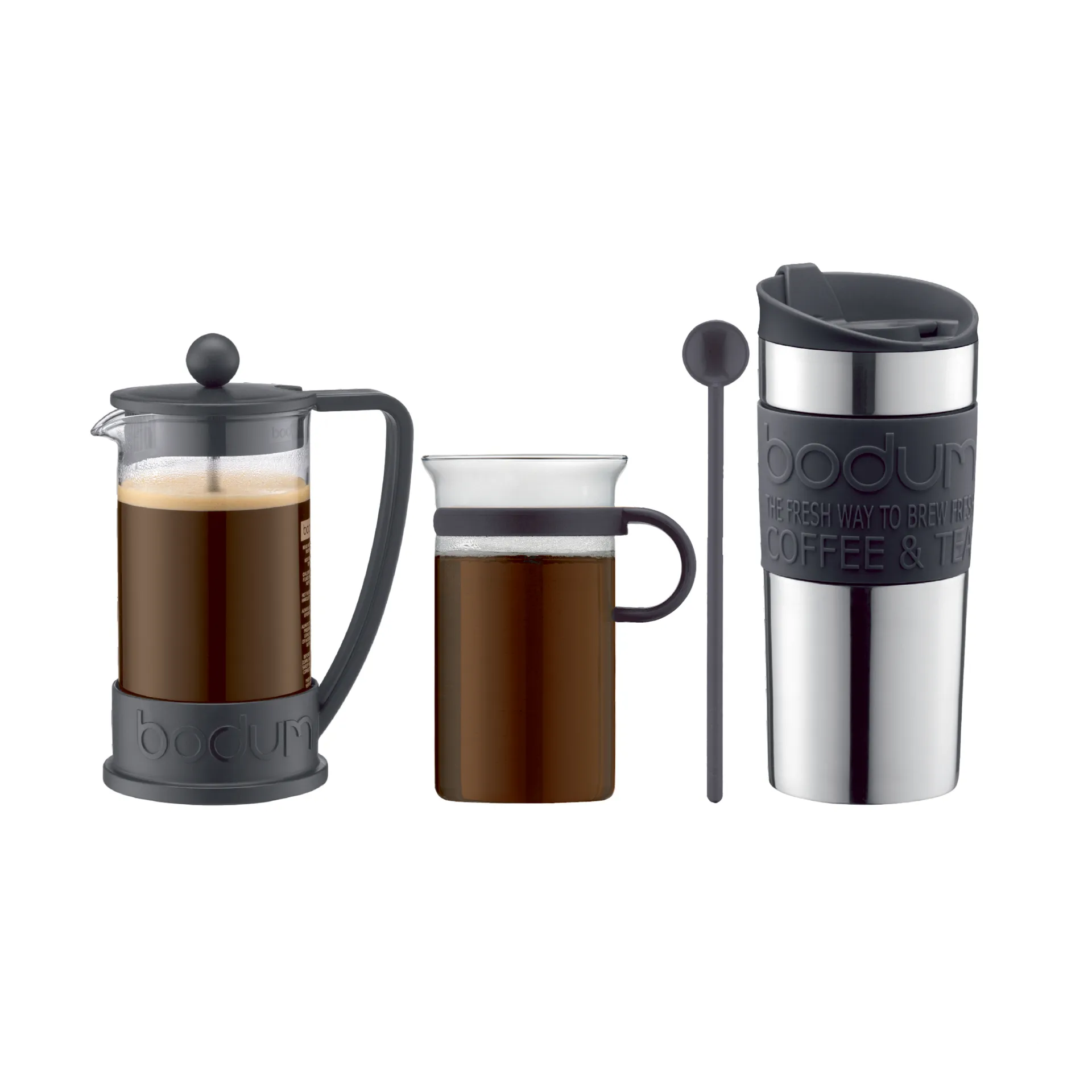 Set de café con cafetera de émbolo, taza, taza de viaje y cuchara, negro Bodum