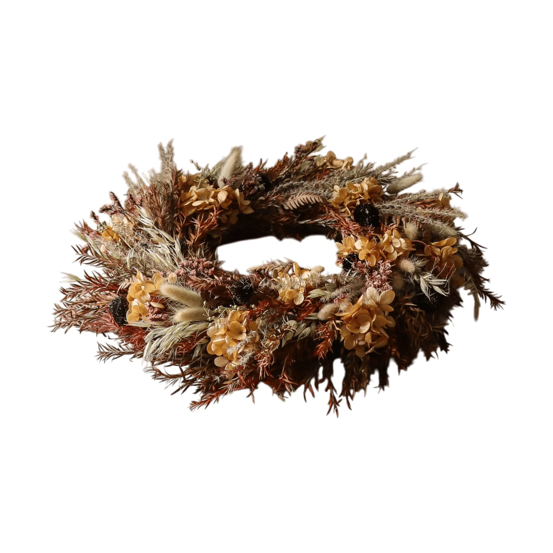 Corona de flores Golden Meadow Wreath, Hortensia-hierba seca-helecho-oreja de liebre, Ø40 cm Botané