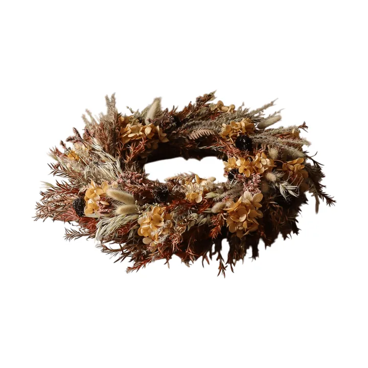 Corona de flores Golden Meadow Wreath - Hortensia-hierba seca-helecho-oreja de liebre, Ø40 cm - Botané