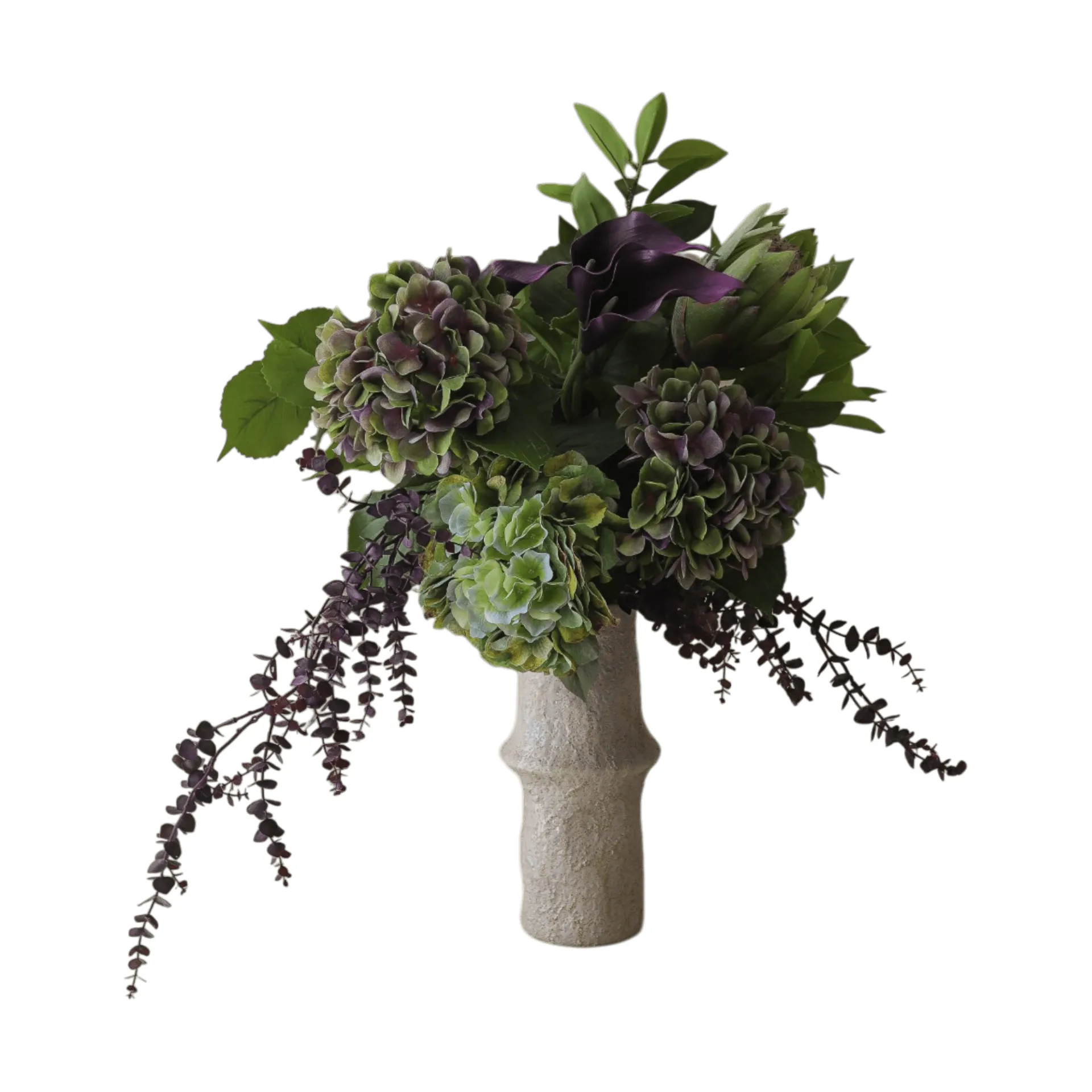Ramo artificial Aubergine Bloom, Cala-hortensia-protea rey, 106 cm, 12 uds Botané