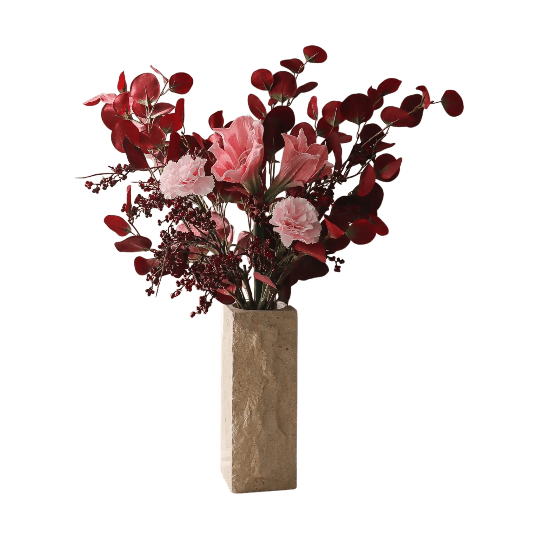 Ramo sintético Burgundy Blush, Amaryllis, clavel, ramas de bayas, eucalipto, 84 cm Botané