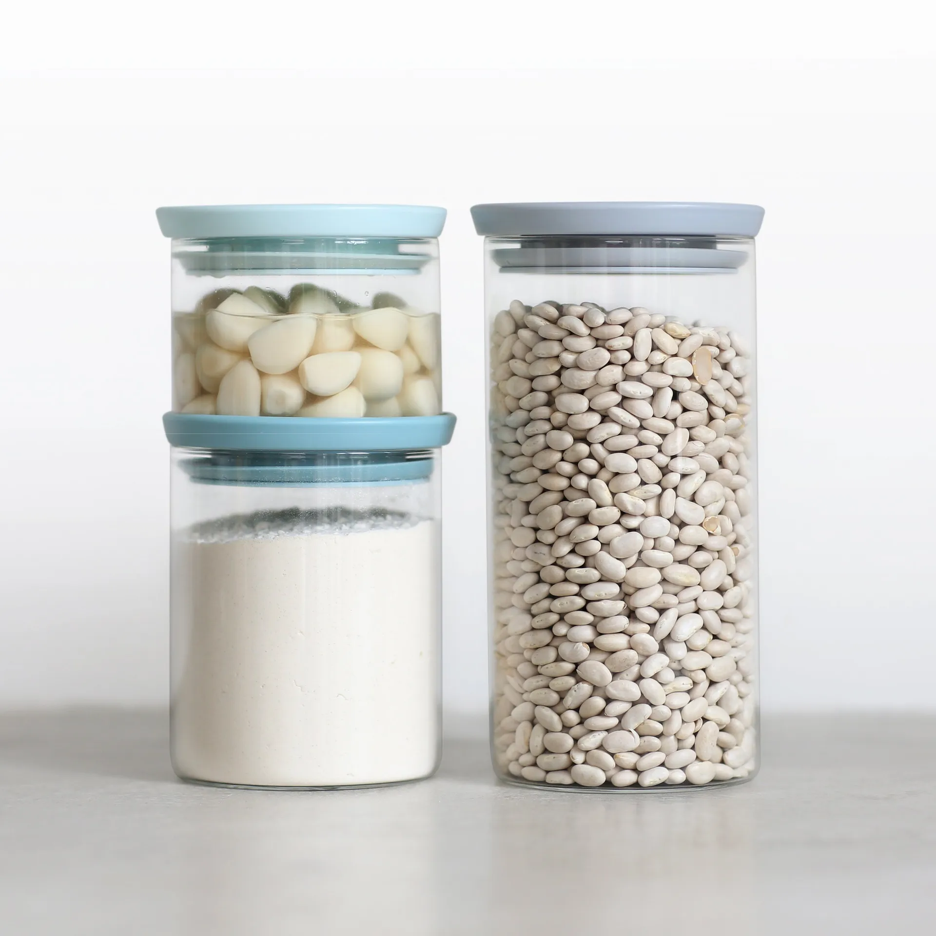 3 botes de cristal Brabantia, gris-azul Brabantia