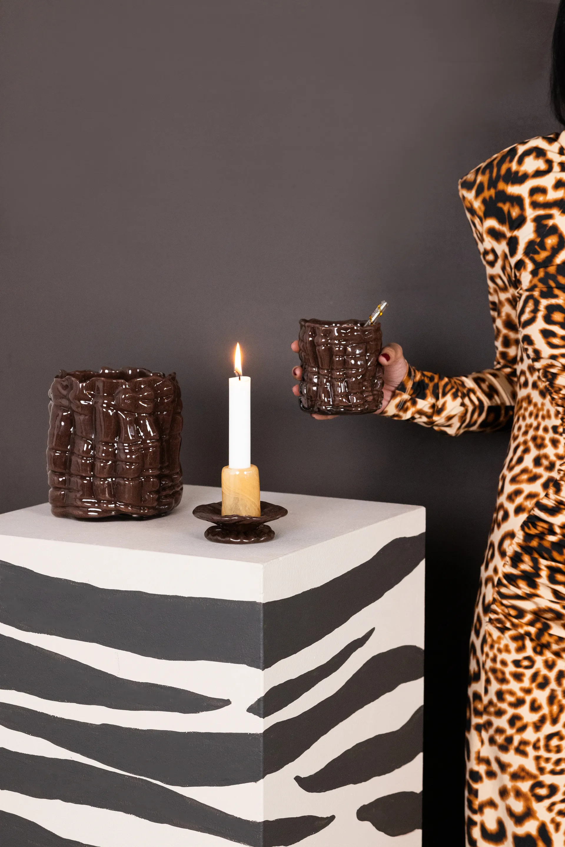 Portavelas Lara XS 9 cm, Naranja-marrón Byon