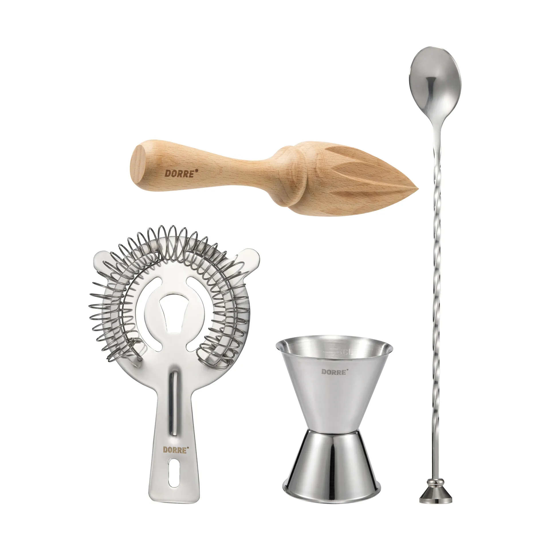Accesorios de bar Bobbee, Acero inoxidable, madera, 4 piezas Dorre