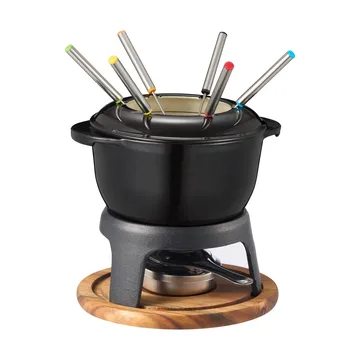 Fondue de hierro fundido Foni esmaltado 21×18,4×9,8 cm - Placa de madera de acacia negra - Dorre