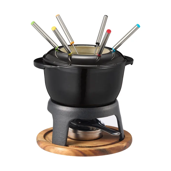 Fondue de hierro fundido Foni esmaltado 21×18,4×9,8 cm - Placa de madera de acacia negra - Dorre
