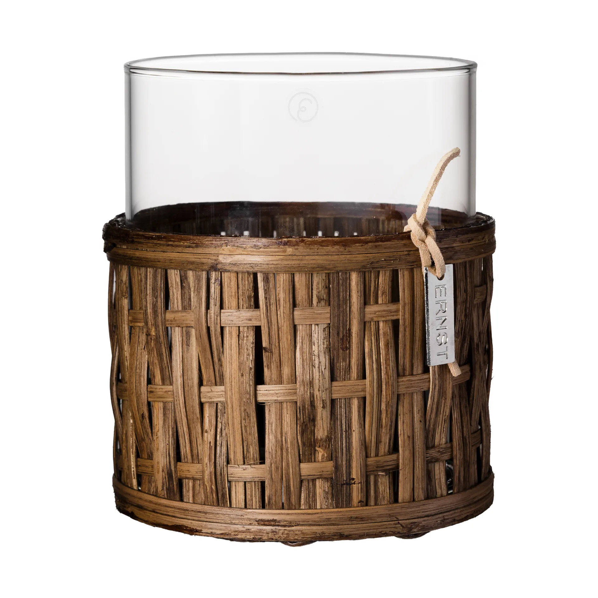 Jarrón/portavelas Ernst en cesta, Marrón oscuro, Ø10 × 12 cm ERNST