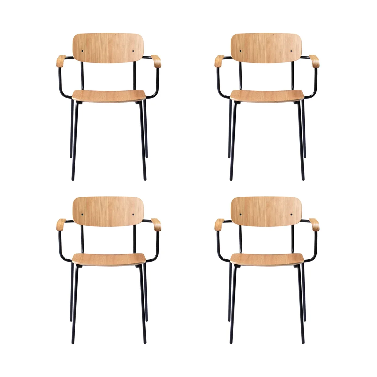 Sillón J183 Holmen con reposabrazos, pack de 4, Chapa de roble-patas negras FDB Møbler