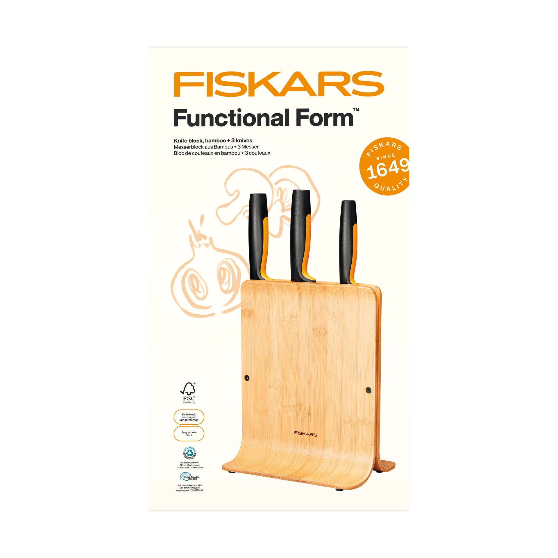 Functional Form juego de cuchillos con bloque de cuchillos, bambú, 4 piezas Fiskars