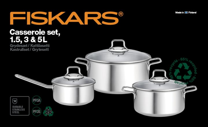 Juego de cazuela y olla con tapa de cristal Fiskars 3 piezas, Acero inoxidable Fiskars