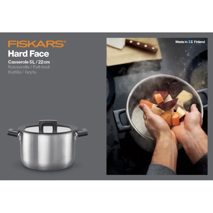 Olla Hard Face Steel con tapa, 5 L Fiskars