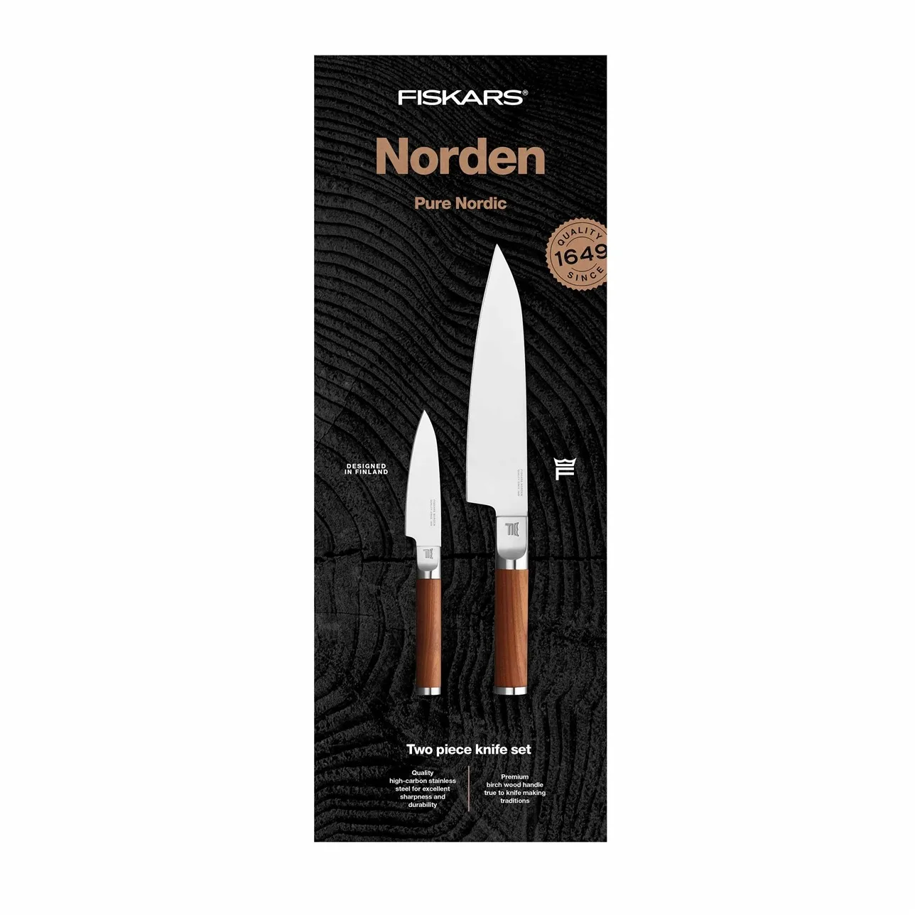Set de cuchillos, cuchillo de chef + cuchillo para verduras Norden 2 piezas, Acero inoxidable-abedul Fiskars