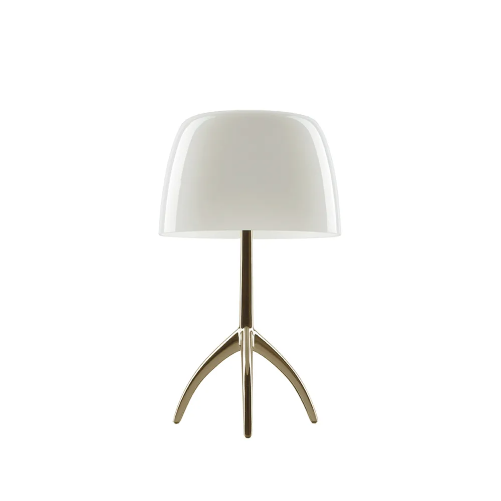 Lámpara de mesa regulable Lumiere Piccola, Pantalla blanco cálido–base color champán Foscarini