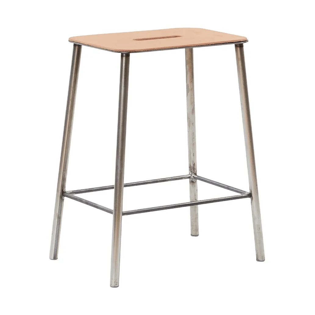 Taburete Adam, Raw steel-natural leather, H:50 cm FRAMA