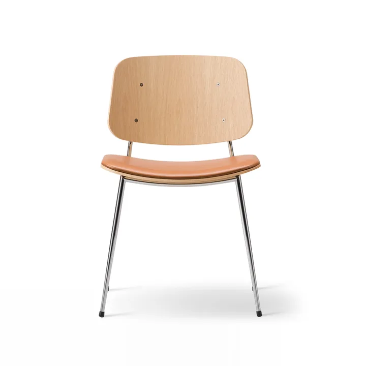 Silla metálica Søborg 3061 con asiento tapizado - Cuero Omni color coñac - estructura cromada - Fredericia Furniture