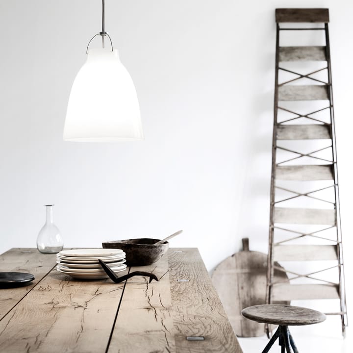 Lámpara colgante Caravaggio 1, Vidrio opal blanco-cable textil gris Fritz Hansen