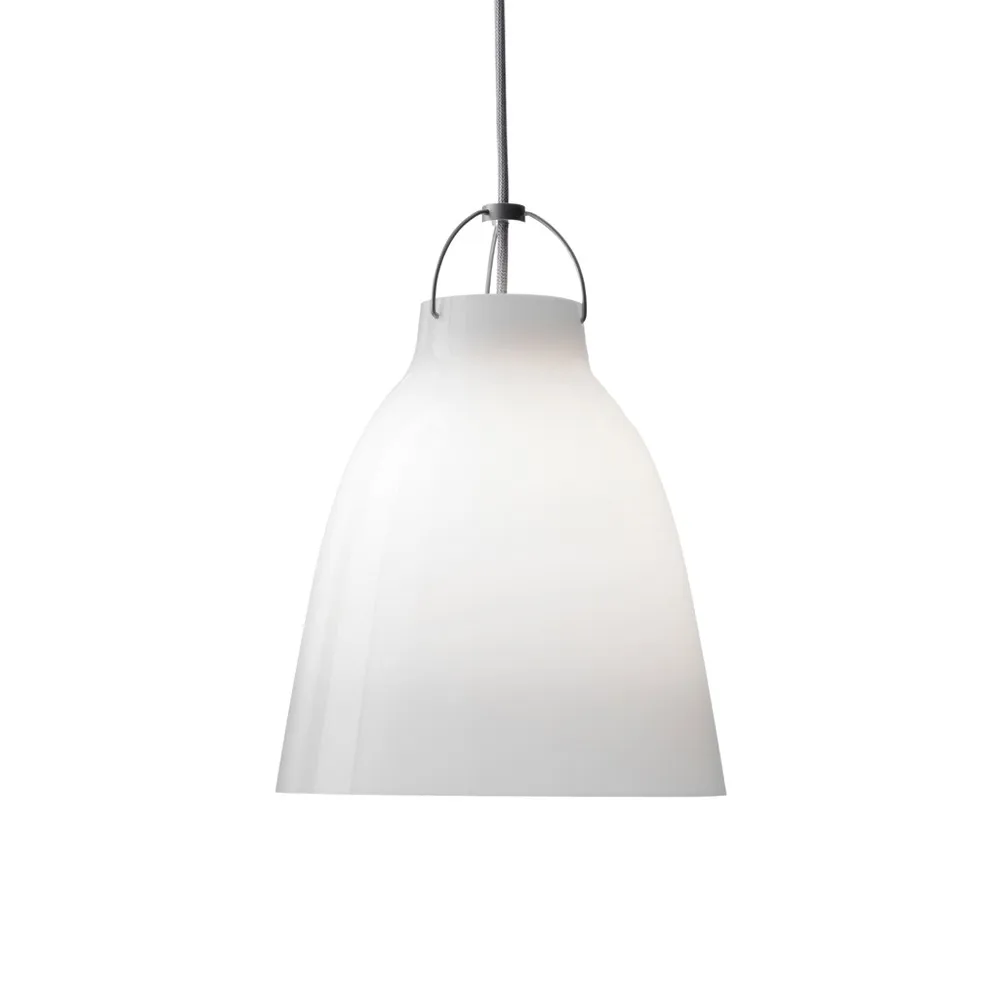 Lámpara colgante Caravaggio 2, Vidrio opal blanco-cable textil gris Fritz Hansen