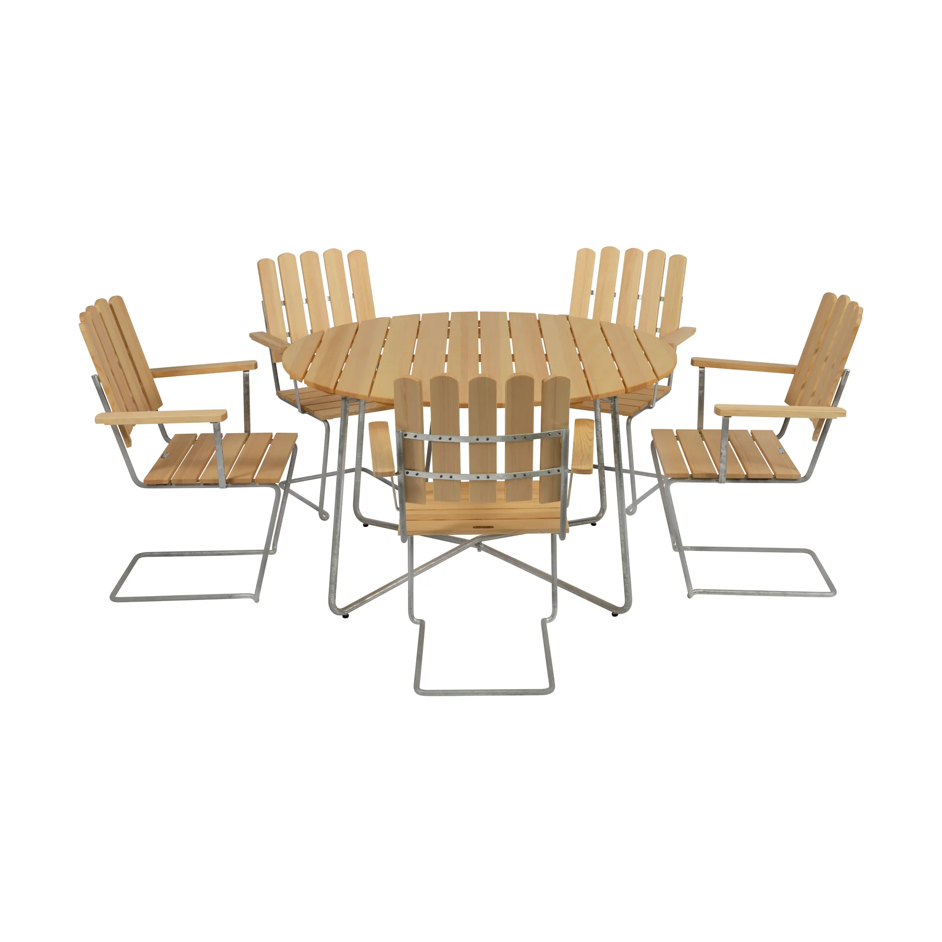 Conjunto de mesa y sillas Grythyttan de pino 9A Ø120cm + 5 A2 Grythyttan Stålmöbler
