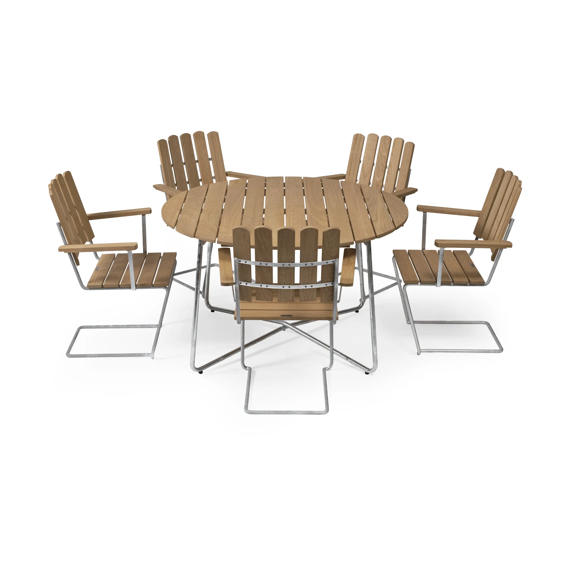 Conjunto de mesa y sillas Grythyttan de roble 9A Ø120cm + 5 A2,  Grythyttan Stålmöbler