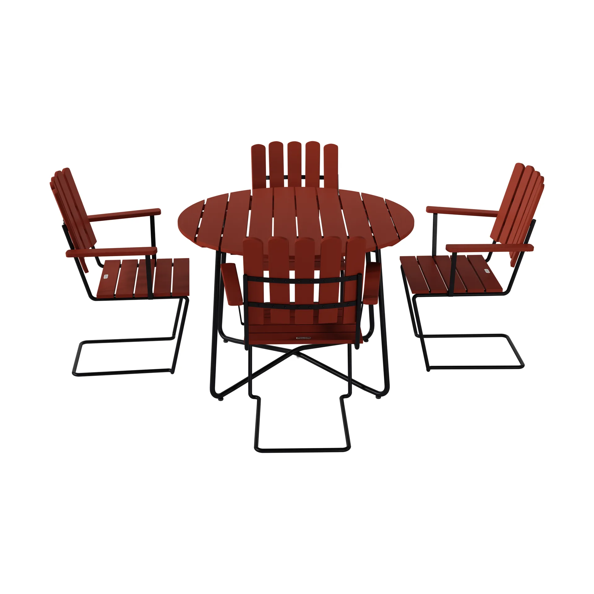 Mesa 9A Ø100 cm + 4 sillones A2, roble rojo oscuro-estructura negra Grythyttan Stålmöbler