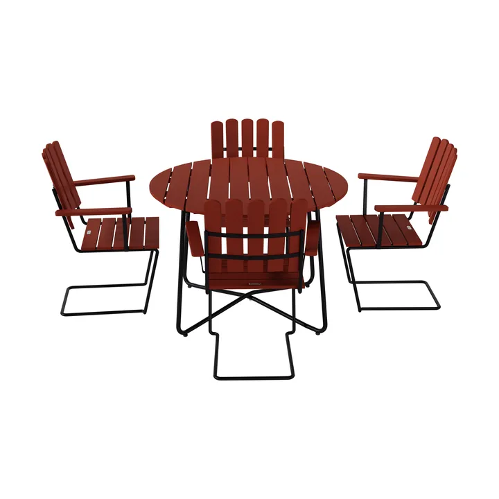 Mesa 9A Ø100 cm + 4 sillones A2, roble rojo oscuro-estructura negra - Grythyttan Stålmöbler