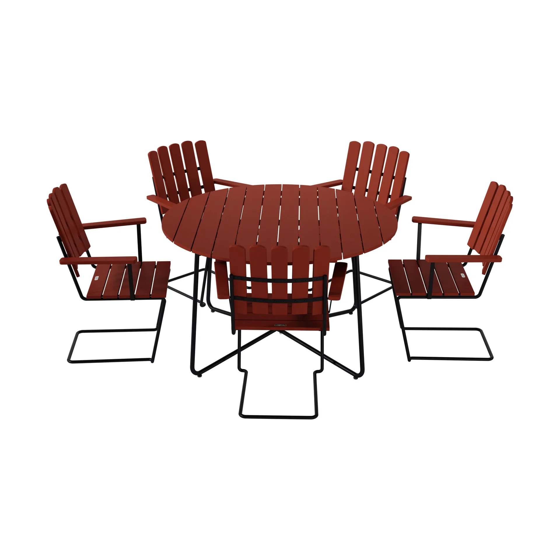 Mesa 9A Ø120 cm + 5 sillones A2, roble rojo oscuro-estructura negra Grythyttan Stålmöbler