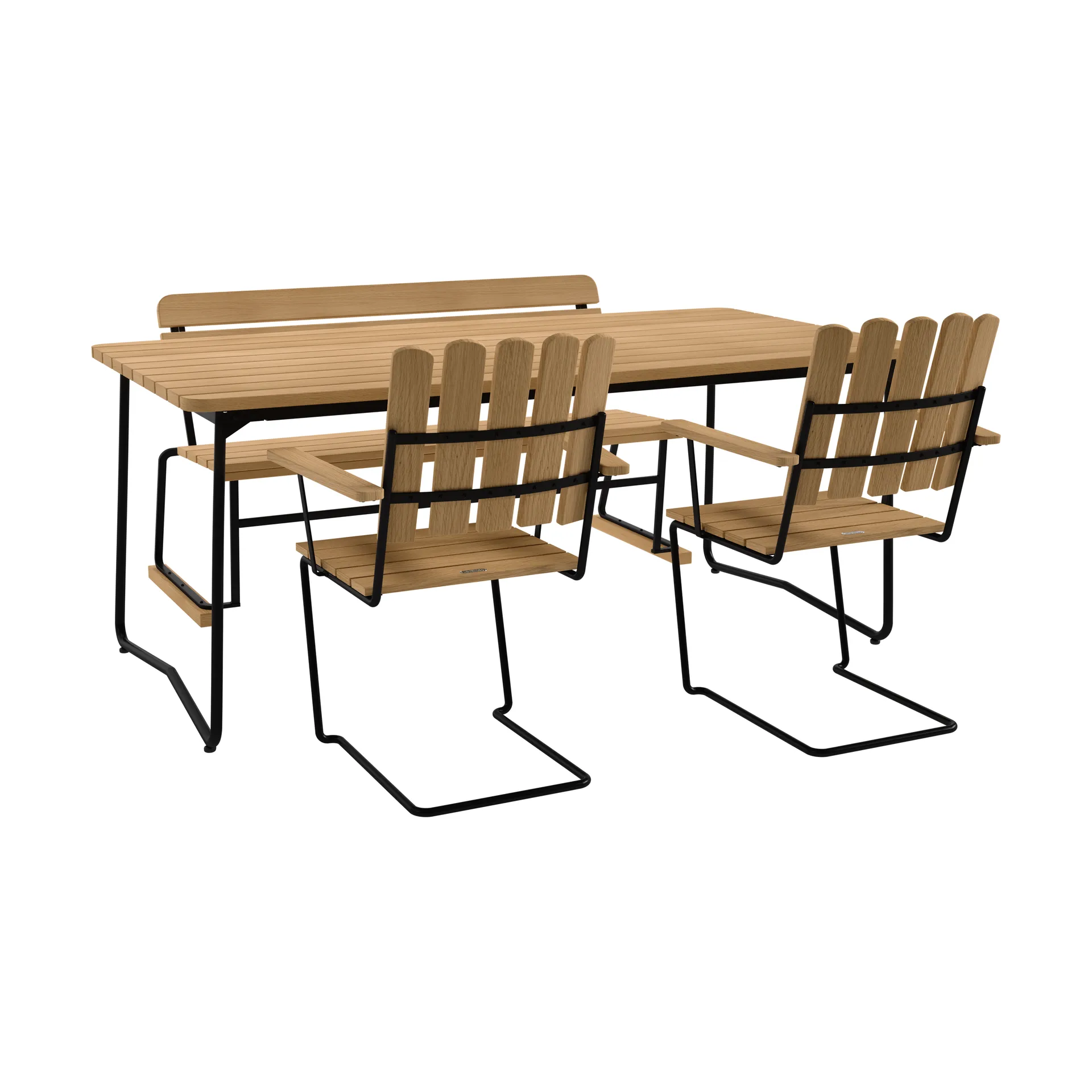 Mesa B31, 170 cm + 2 sillones A2 + sofá 3, roble aceitado-estructura negra,  Grythyttan Stålmöbler